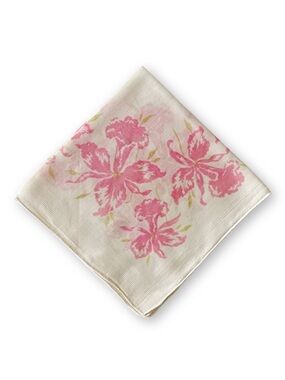 Antique Midcentury Ivory White Pink Orchid Floral Silk Linen Handkerchief